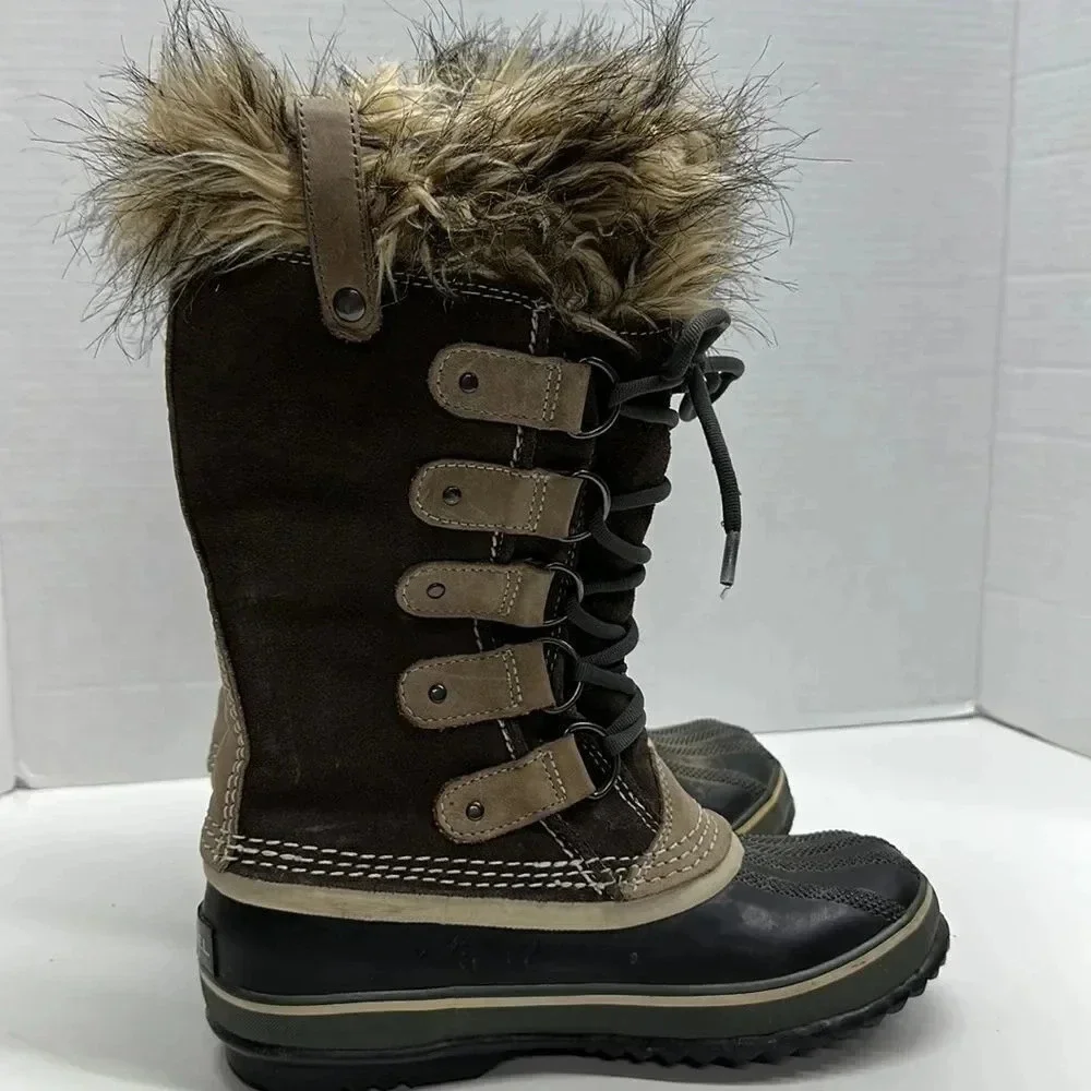 Sorel Joan of Artic Boots Winter Lace Up Brown Waterproof Suede Faux Fur Size 6